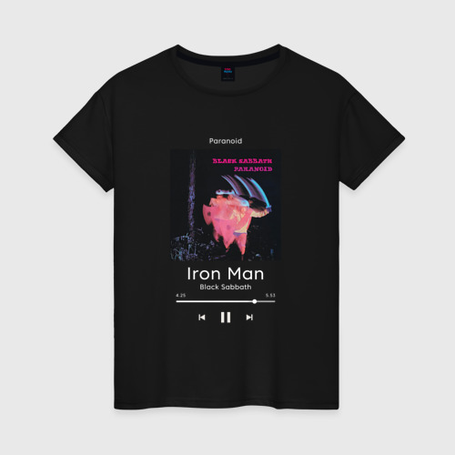Женская футболка хлопок с принтом Black Sabbath Iron Man плеер, вид спереди #2