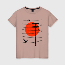 Женская футболка хлопок Птицы на проводах и солнце