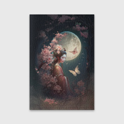 Обложка для паспорта матовая кожа Девушка в сакуре под луной