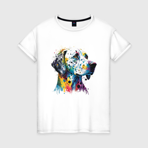 Женская футболка из хлопка с принтом Красочный далматинец, вид спереди №1