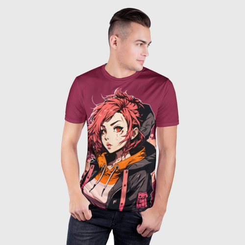 Мужская футболка 3D Slim с принтом Девушка-аниме с рыжими волосами, фото на моделе #1