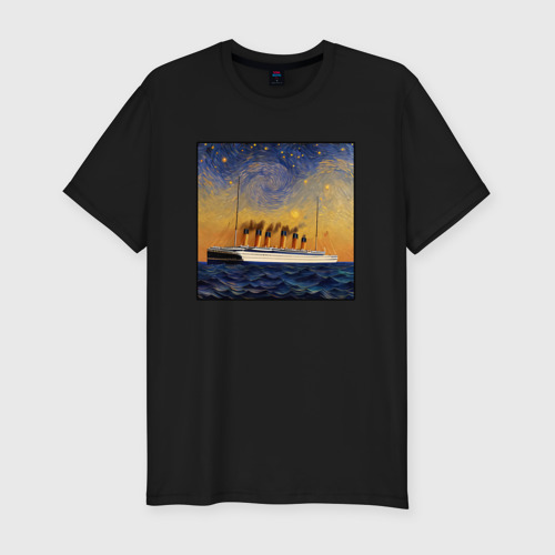 Мужская футболка хлопок Slim Титаник в море - Ван Гог, цвет черный