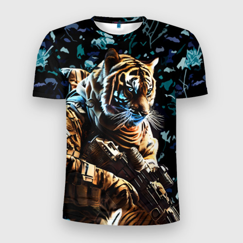 Мужская приталенная футболка с принтом Тигр боец спецназа, вид спереди №1