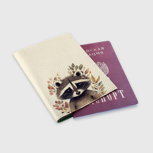 Обложка для паспорта матовая кожа Милый енот в акварельном стиле, цвет зеленый - фото 3