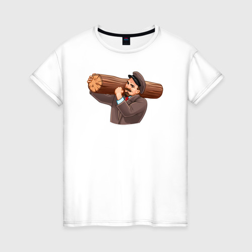 Женская футболка из хлопка с принтом Ленин тащит бревно, вид спереди №1