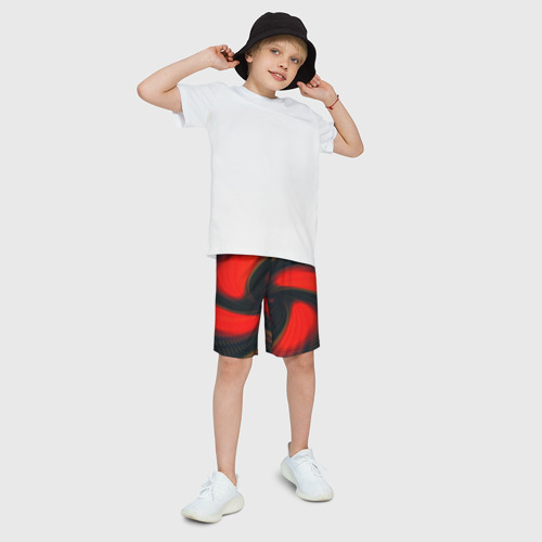 Детские спортивные шорты 3D с принтом Закрученный вихрь - узор красный, фото на моделе #1