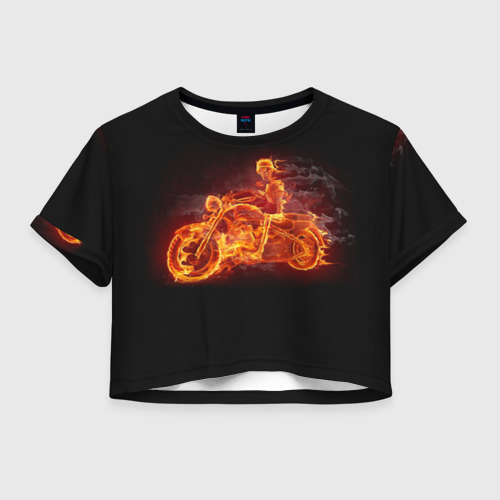 Женская футболка Crop-top 3D Байкер-скелет на мотоцикле в огнене, цвет 3D печать