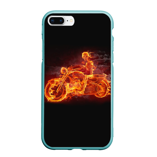 Чехол для iPhone 7Plus/8 Plus матовый Байкер-скелет на мотоцикле в огнене, цвет мятный