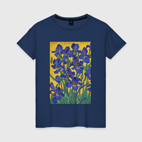 Женская футболка хлопок Ирисы Ван Гога - картина, цвет темно-синий