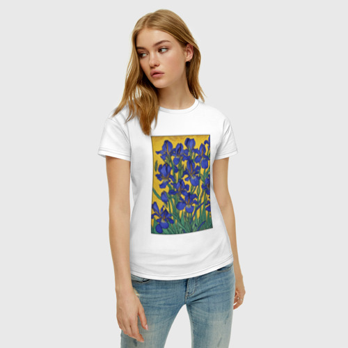 Женская футболка хлопок Ирисы Ван Гога - картина, цвет белый - фото 3