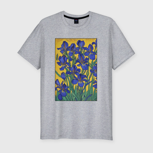 Мужская футболка хлопок Slim Ирисы Ван Гога - картина, цвет меланж