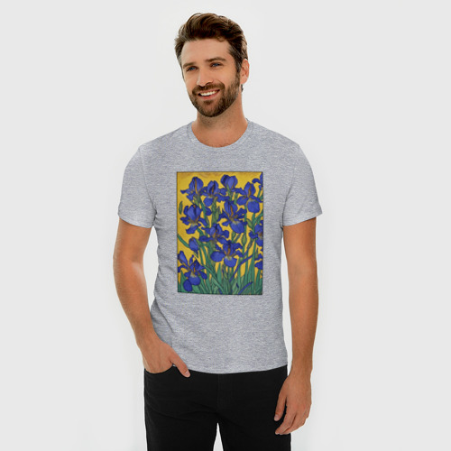 Мужская футболка хлопок Slim Ирисы Ван Гога - картина, цвет меланж - фото 3