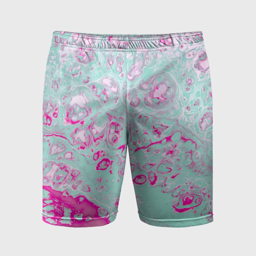Мужские шорты спортивные с принтом Живопись из розовой и голубой красок, вид спереди #2