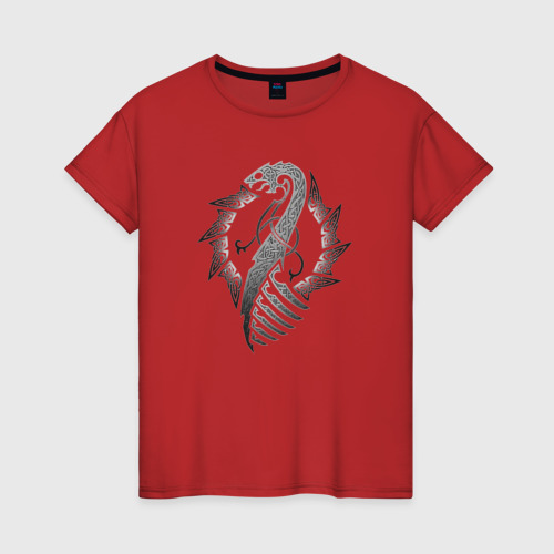 Женская футболка хлопок Дракон драккара, цвет красный