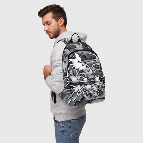 Рюкзак 3D с принтом Иредзуми: Черно-белые волны, фото на моделе #1
