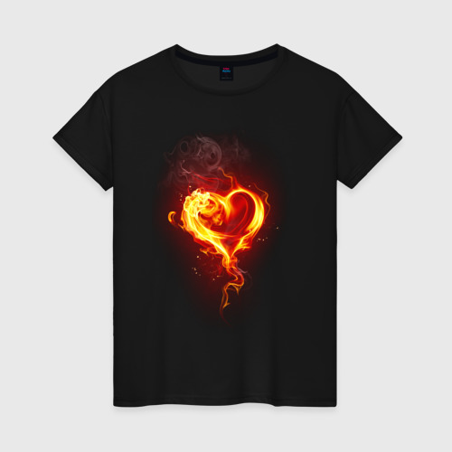 Женская футболка хлопок Пылающее сердце огненный символ , цвет черный