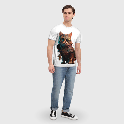 Мужская футболка 3D с принтом Стимпанк кот в очках, вид сбоку #3