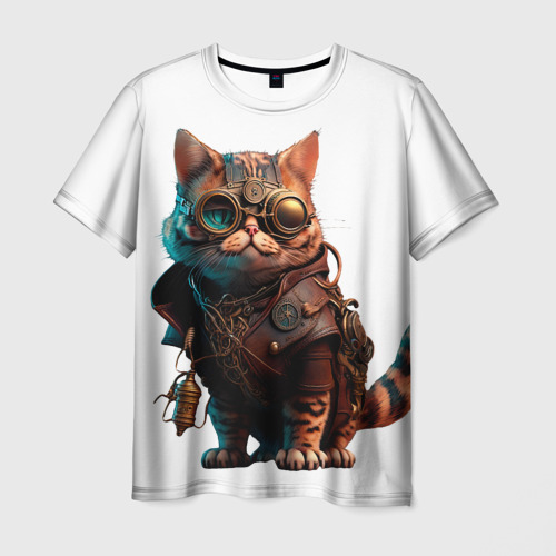 Мужская футболка с принтом Стимпанк кот в очках, вид спереди №1