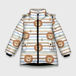 Зимняя куртка для девочек 3D Лев и якори: полосы - паттерн