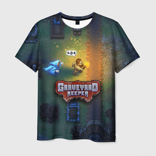 Мужская футболка с принтом Graveyard Keeper преследующий призрак, вид спереди №1