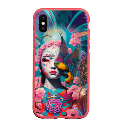 Чехол для iPhone XS Max матовый Japanese girl with a bird - irezumi