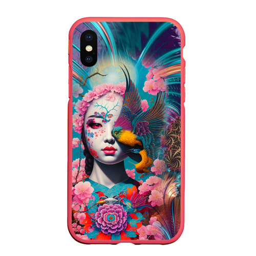 Чехол для iPhone XS Max матовый Japanese girl with a bird - irezumi, цвет красный