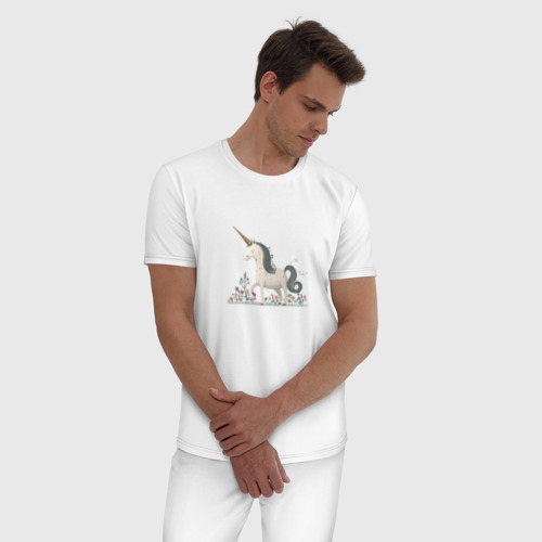 Мужская пижама хлопок с принтом Единорог на лугу, фото на моделе #1