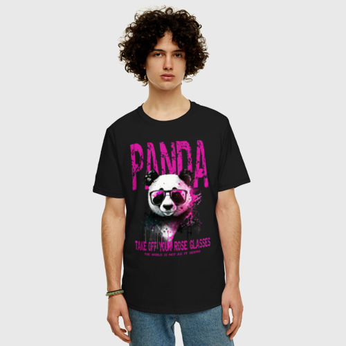 Мужская футболка хлопок Oversize Панда и розовые очки, цвет черный - фото 3