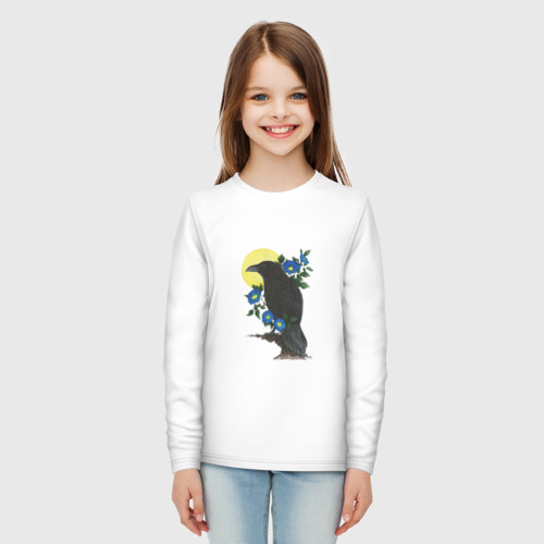Детский лонгслив хлопок с принтом Ворон на ветке под луной, вид сбоку #3