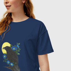 Женская футболка хлопок Oversize Ворон на ветке под луной - фото 2
