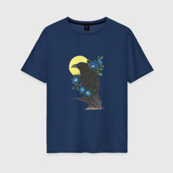 Женская футболка хлопок Oversize Ворон на ветке под луной