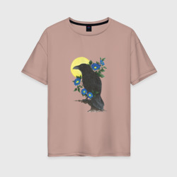 Ворон на ветке под луной – Женская футболка хлопок Oversize с принтом купить со скидкой в -16%