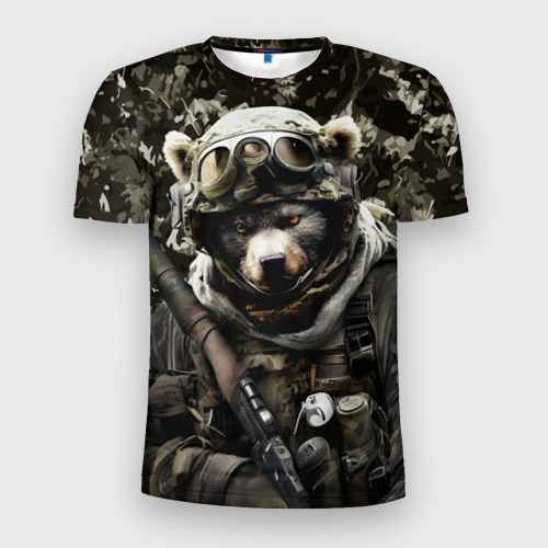 Мужская футболка 3D Slim с принтом Медведь солдат спецназа, вид спереди #2