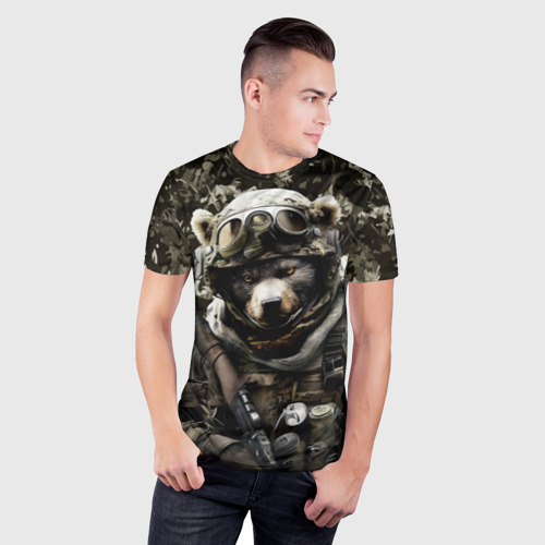 Мужская футболка 3D Slim с принтом Медведь солдат спецназа, фото на моделе #1