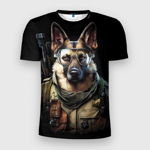 Мужская футболка 3D Slim с принтом Немецкая овчарка в военной форме, вид спереди #2