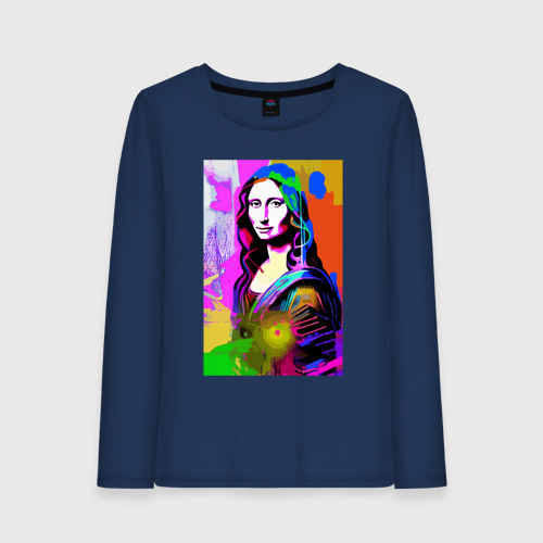 Женский лонгслив хлопок Mona Lisa - Gioconda painting, цвет темно-синий