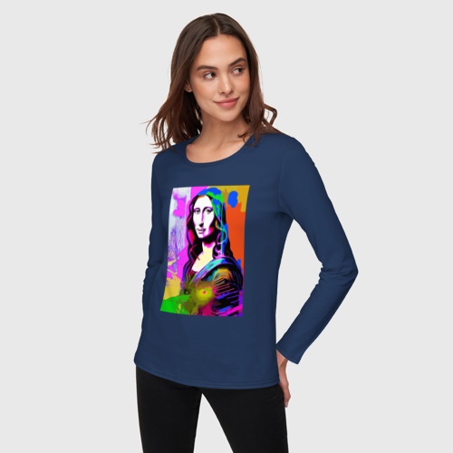 Женский лонгслив хлопок Mona Lisa - Gioconda painting, цвет темно-синий - фото 3