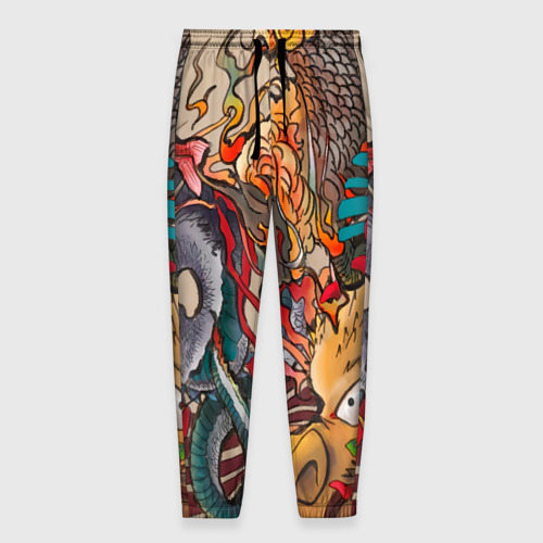 Мужские брюки 3D с принтом Иредзуми: демон и дракон, вид спереди #2