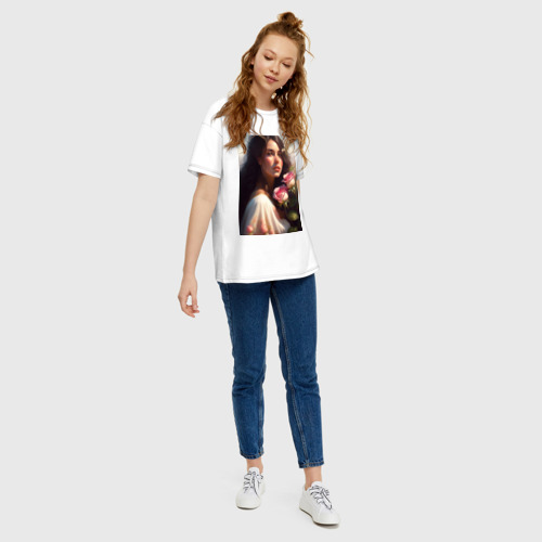 Женская футболка хлопок Oversize Красивая девушка с цветами, цвет белый - фото 5