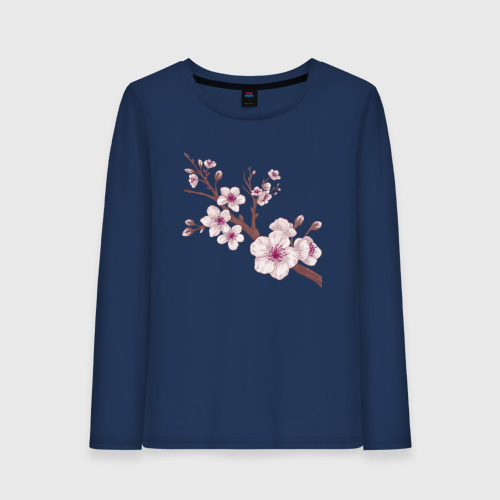 Женский лонгслив хлопок с принтом Ветка сакуры - весна - Япония, вид спереди #2
