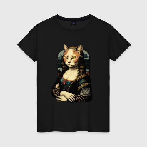 Женская футболка хлопок Кошка Мона Лиза, цвет черный