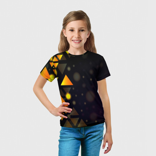 Детская футболка 3D с принтом Светящиеся треугольники боко, вид сбоку #3