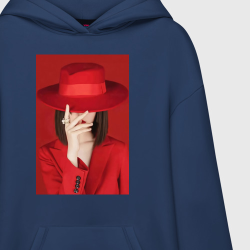 Худи SuperOversize хлопок Девушка в шляпе на красном фоне, цвет темно-синий - фото 3