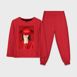 Детская пижама с лонгсливом хлопок Девушка в шляпе на красном фоне