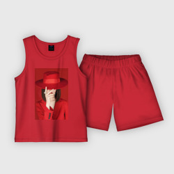 Детская пижама с шортами хлопок Девушка в шляпе на красном фоне