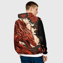 Толстовка с принтом Японский краcный дракон для мужчины, вид на модели сзади №2. Цвет основы: белый
