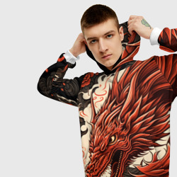 Толстовка с принтом Японский краcный дракон для мужчины, вид на модели спереди №3. Цвет основы: белый