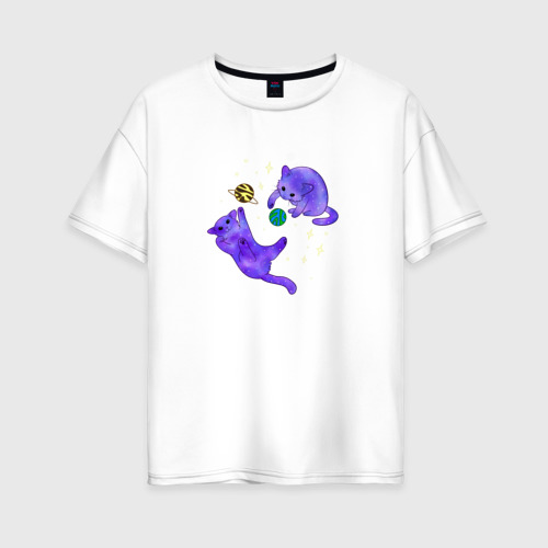 Женская футболка оверсайз из хлопка с принтом Космические коты, играющие планетами, вид спереди №1