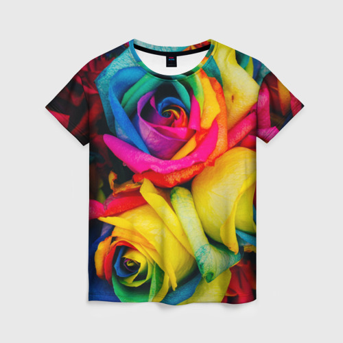 Женская футболка 3D с принтом Абстрактный разноцветный цветочный паттерн, вид спереди #2