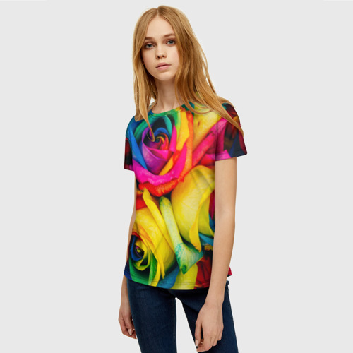 Женская футболка 3D с принтом Абстрактный разноцветный цветочный паттерн, фото на моделе #1